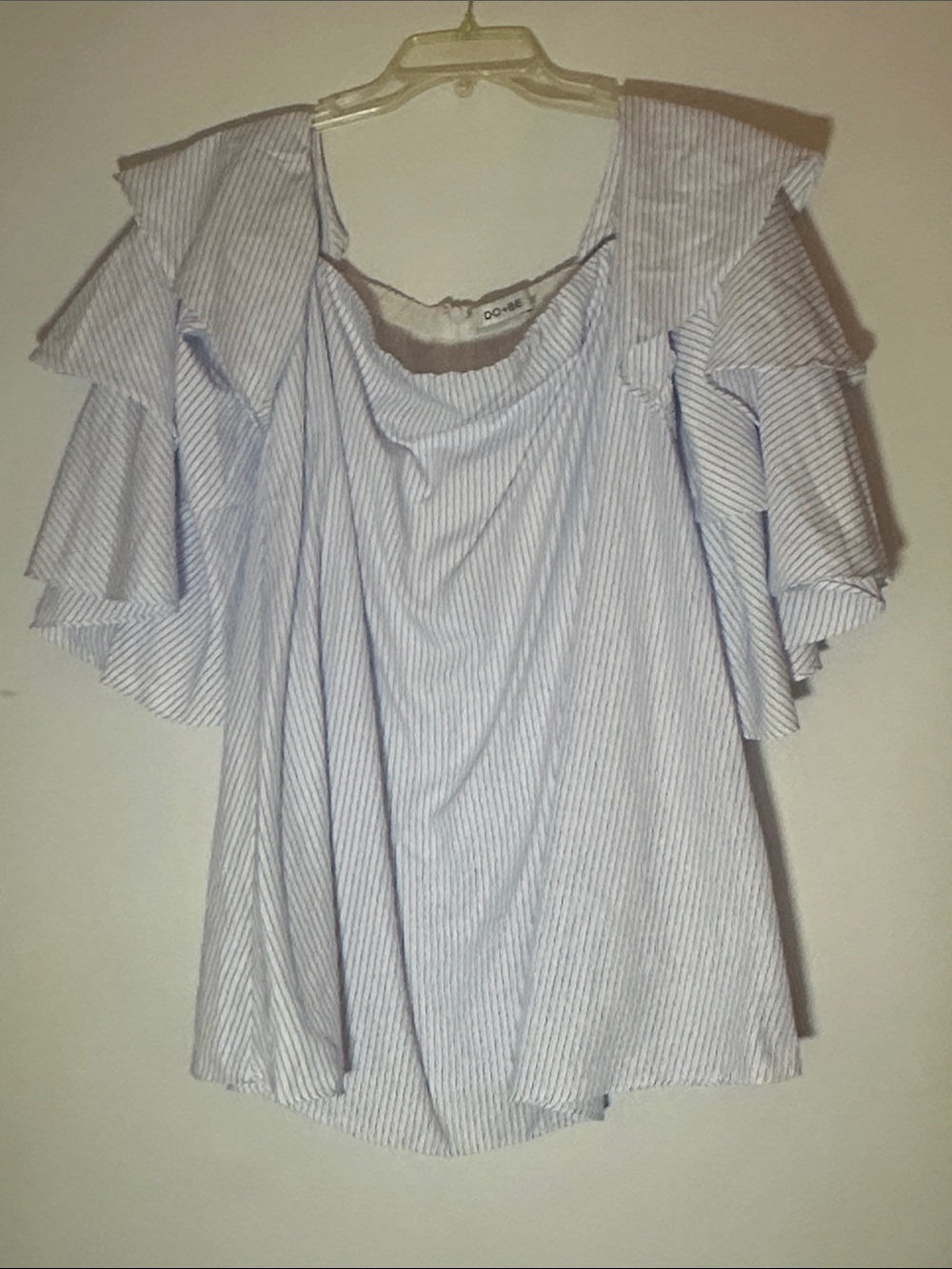 DO+BE Light Blue and White Striped Ruffle Sleeve Blouse